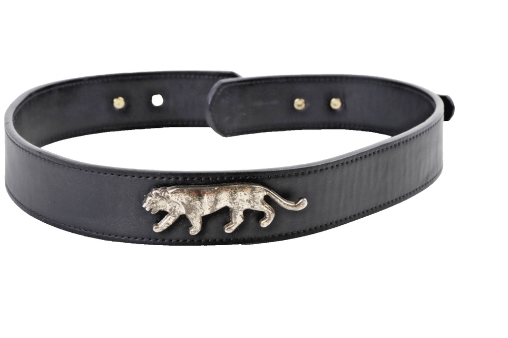 Black Leather Belt S Wide Waist Silver Panther Jaguar Tiger Animal Emblem VTG
